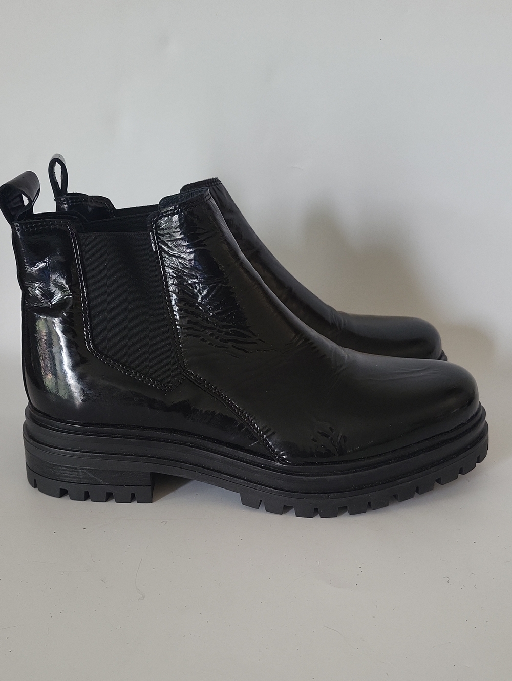 Miz Mooz Black Patent Leather Lug Sole Chelsea Boots